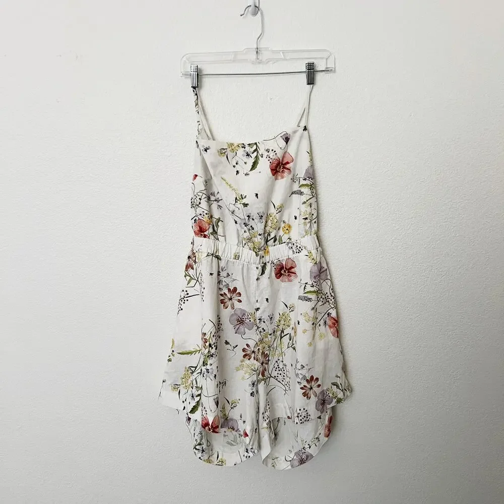 [H&M] Cream Linen Blend Cottagecore Wildflower Floral Print Strappy Romper Sz XL